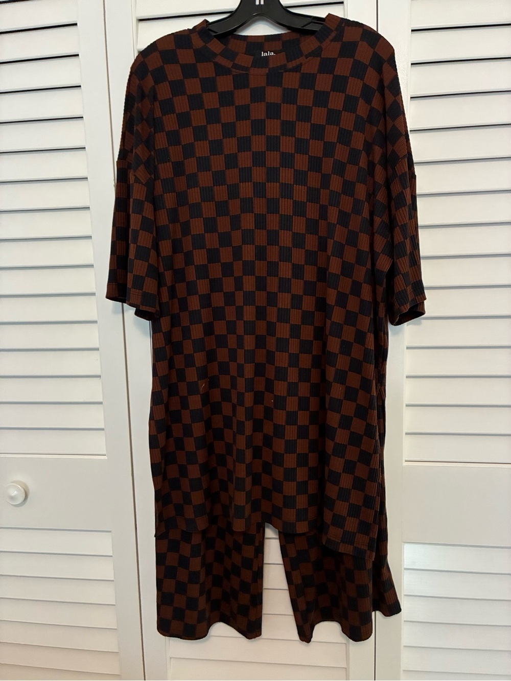 Dressed in LALA Brown and Black Checkerboard Tunic & Slacks